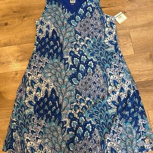 Anne Klein Size 12 Peacock Feather Dress Turquoise Blue White All Over Print NWT